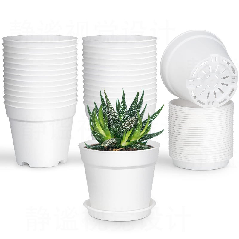 SwinDuck 28 Pack 4 inch Small Plant Pots, Plastic Planters with Drainage Holes and Saucers for Flowers Plants, Succulents, Seed Starting Pots, White - Image 1