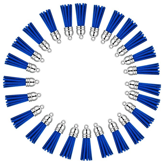 KEYCHAIN TASSELS LEATHER TASSEL PENDANTS WITH SILVER WHITE CAPSTASSEL CHARM FOR JEWELRY MAKING KEYCHAIN BRACELETS RING CRAFTS 30PCS112 INCHBLUE