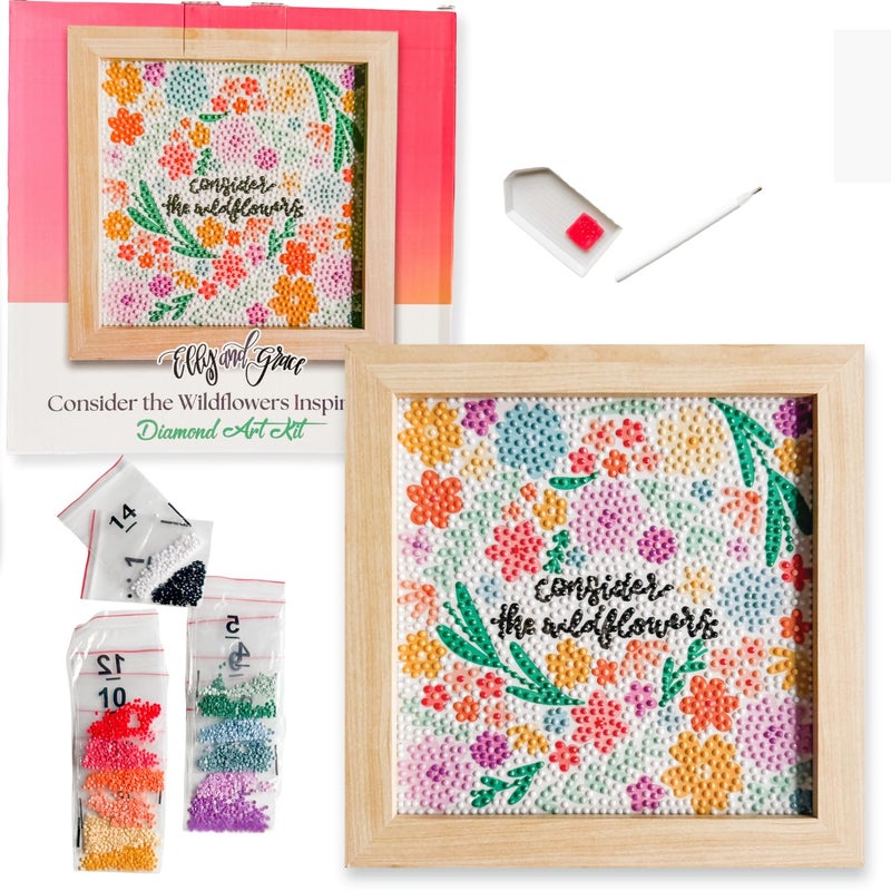 Elly and Grace Christian Diamond Art Kit, Beautiful 8x8 Square Diamond Art Painting Kits with Everything Included, Great for Beginners and Experienced Crafters (Consider The Wildflowers)