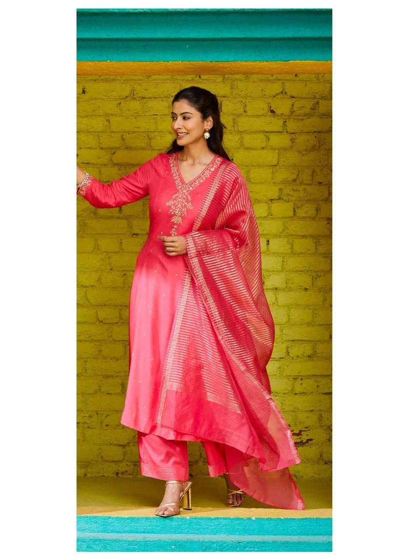 Biba  Fuschia Rayon Straight Suit Set for Women | Best Price UAE