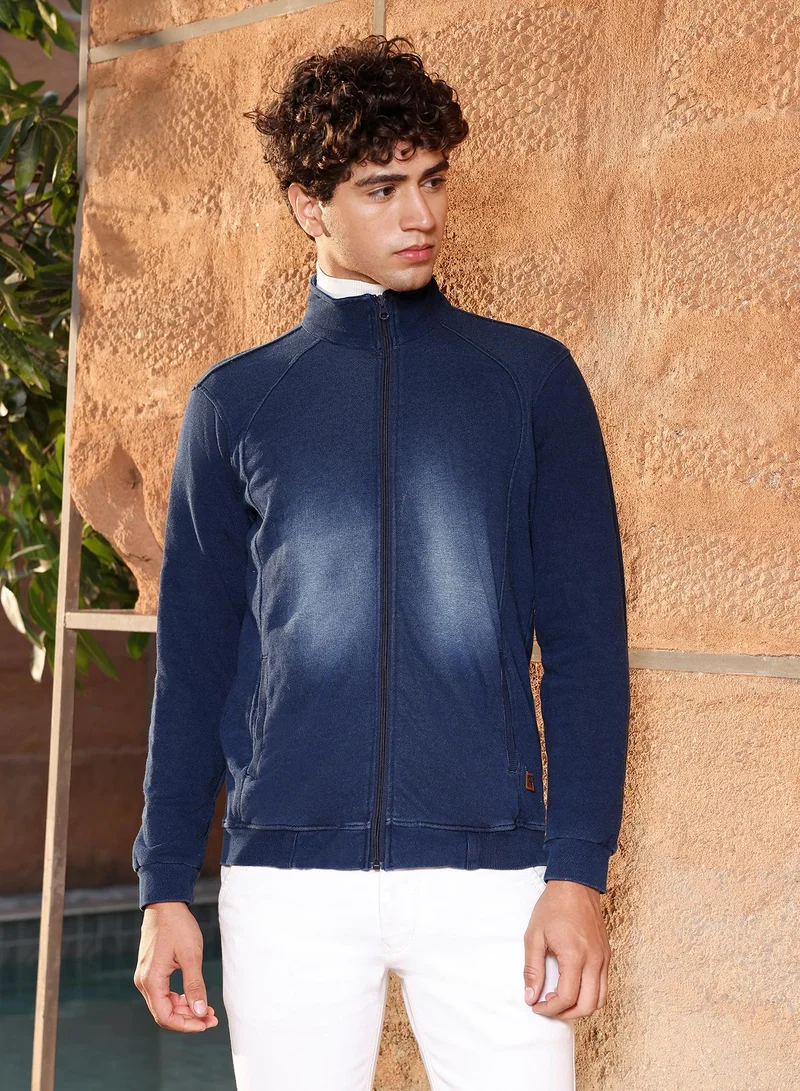 كامبوس سوترا Campus Sutra Men's Navy Blue Dark-Wash Tinted Knit Jacket | High Neck , Ribbed Cuff Sleeves , Zipper  Closure , Ribbed-Straight Hem | Solid Plain For Casual & Daily Wear
