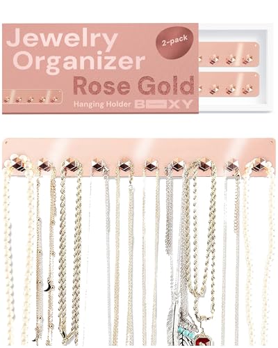 Boxy Concepts Necklace Holder Organizer - 2-Pack Rose Gold 10.5 x 1.5 in Wall Mount Hanging Rack - 10 Hooks for Necklaces, Earrings & Keys - Jewelry Storage - Adhesive & Screw Installation - Image 1