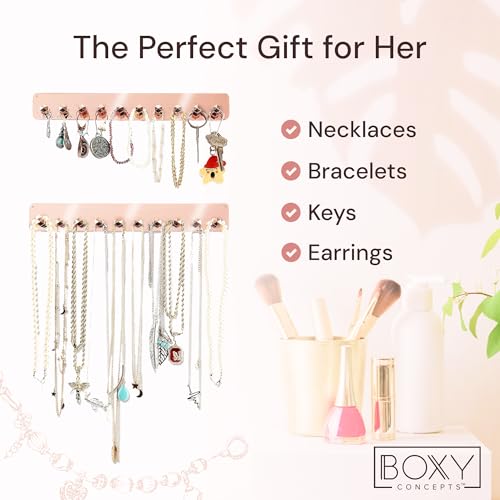 Boxy Concepts Necklace Holder Organizer - 2-Pack Rose Gold 10.5 x 1.5 in Wall Mount Hanging Rack - 10 Hooks for Necklaces, Earrings & Keys - Jewelry Storage - Adhesive & Screw Installation - Image 3