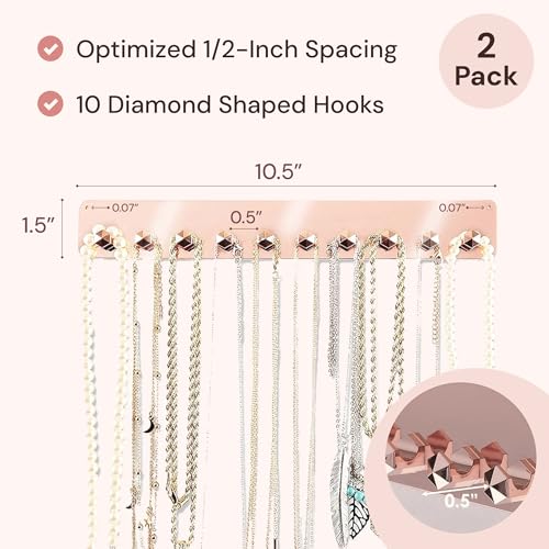Boxy Concepts Necklace Holder Organizer - 2-Pack Rose Gold 10.5 x 1.5 in Wall Mount Hanging Rack - 10 Hooks for Necklaces, Earrings & Keys - Jewelry Storage - Adhesive & Screw Installation - Image 4