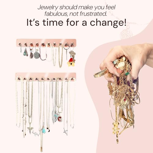 Boxy Concepts Necklace Holder Organizer - 2-Pack Rose Gold 10.5 x 1.5 in Wall Mount Hanging Rack - 10 Hooks for Necklaces, Earrings & Keys - Jewelry Storage - Adhesive & Screw Installation - Image 2