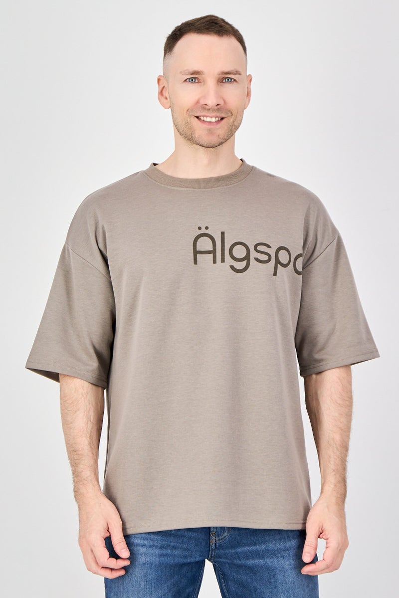 Algspar Men Crew Neck Short Sleeve Graphic Print T-Shirt, Taupe - Image 1