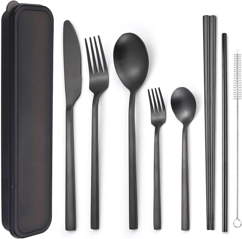 AARainbow 6 Pieces Stainless Steel Flatware Set Portable Reusable Cutlery Set Travel Utensils Set Including Chopsticks Knife Fork Spoon Straws Cleaning Brush Dishwasher Safe (B-Black) - Image 1
