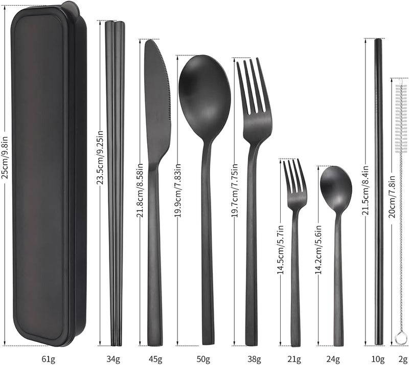AARainbow 6 Pieces Stainless Steel Flatware Set Portable Reusable Cutlery Set Travel Utensils Set Including Chopsticks Knife Fork Spoon Straws Cleaning Brush Dishwasher Safe (B-Black) - Image 2