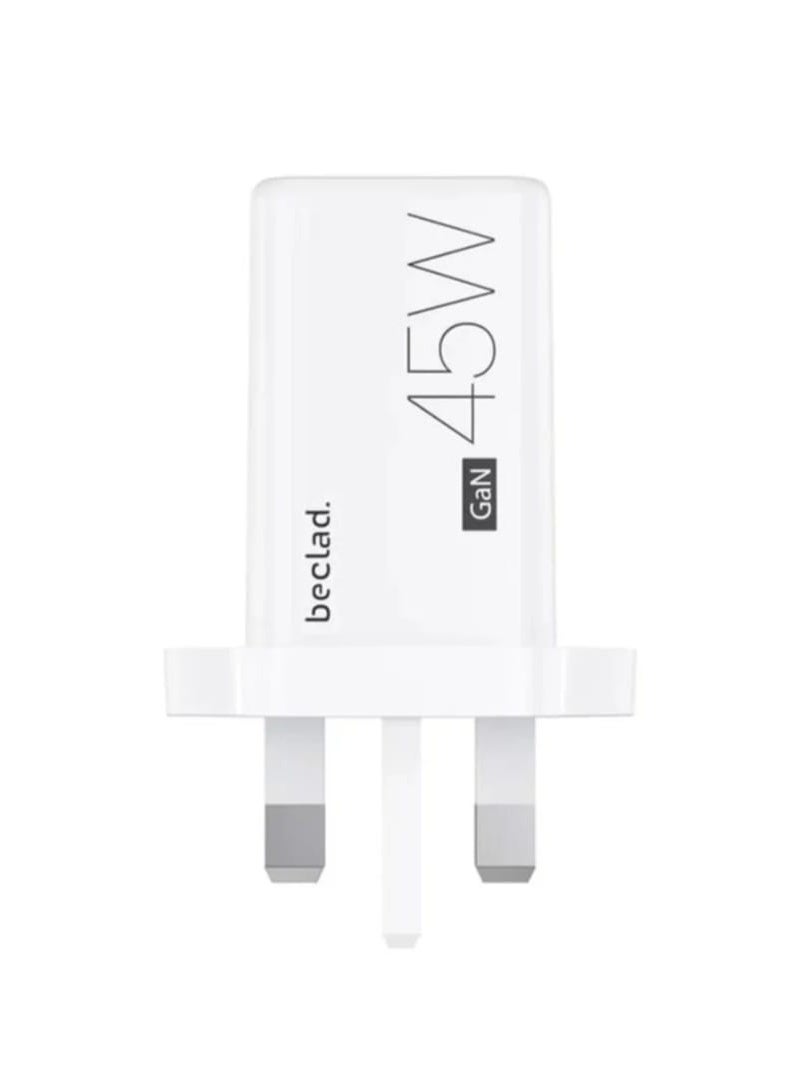 beclad GaN 45W Wall Charger Adapter - Ultra Fast Charging, USB-C Port, Overvoltage & Overcurrent Protection, Compatible with Smartphones and Tablets - White. - Image 2