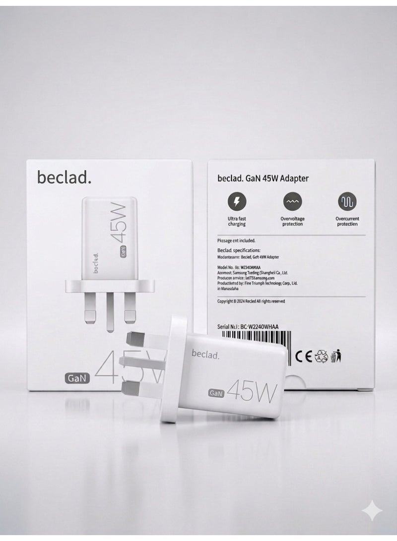 beclad GaN 45W Wall Charger Adapter - Ultra Fast Charging, USB-C Port, Overvoltage & Overcurrent Protection, Compatible with Smartphones and Tablets - White. - Image 4