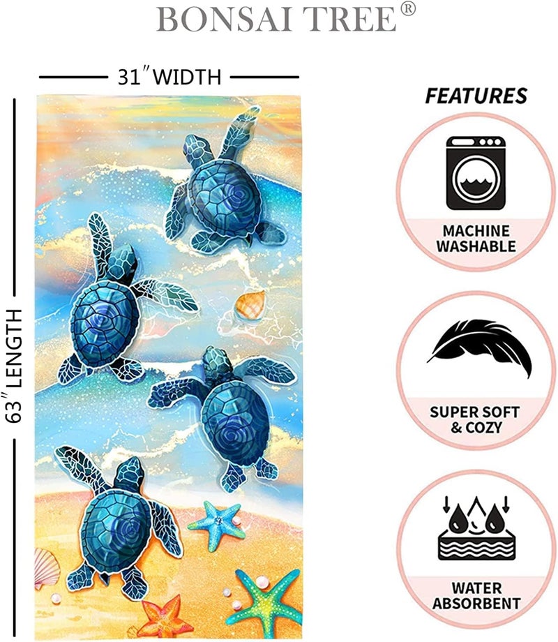 Bonsai Tree Turtle Beach Towel, Sea Turtles Large Microfiber Bath Towel Gifts for Women, Ocean Summer Starfish Seashells Funny Sand Free Quick Dry Travel Towels for Yoga Sports 31" x 63" - Image 4