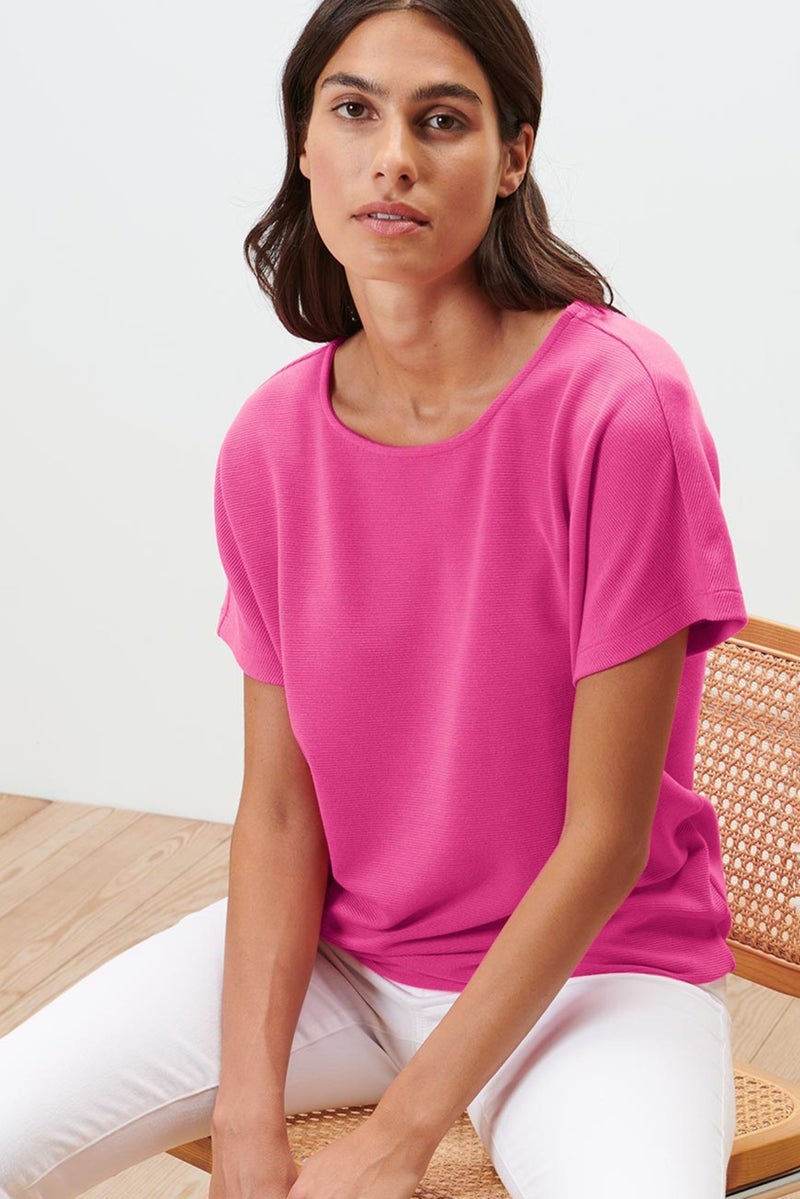 Tchibo Women Round Neck Short Sleeve Textured Top, Pink  - Image 1