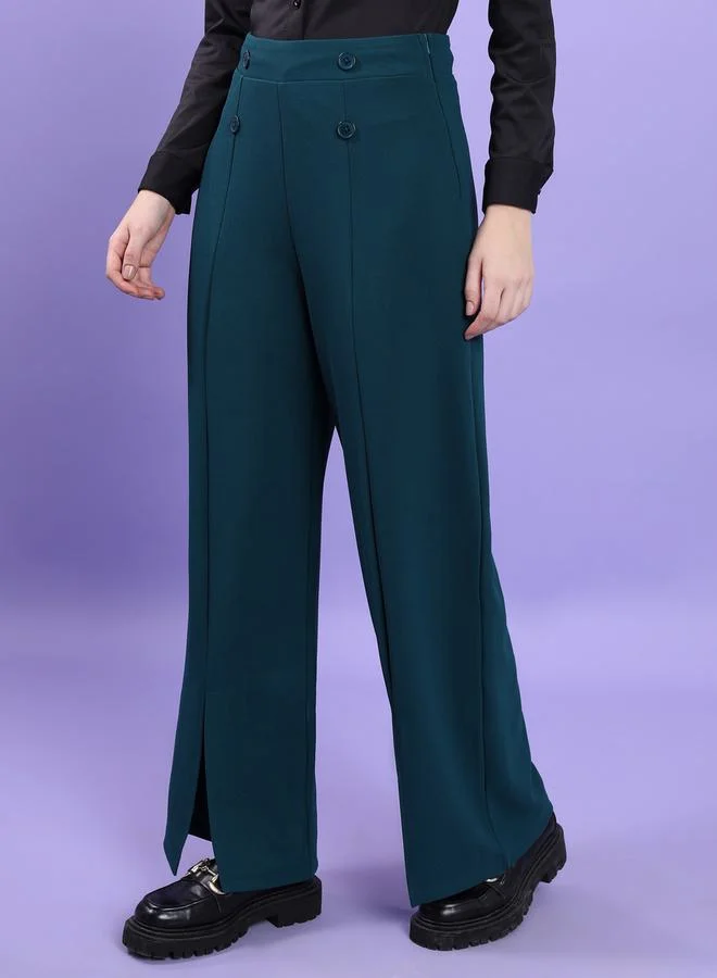 Tokyo Talkies High Rise Button Detail Pintuck Slit Hem Trousers by Styli