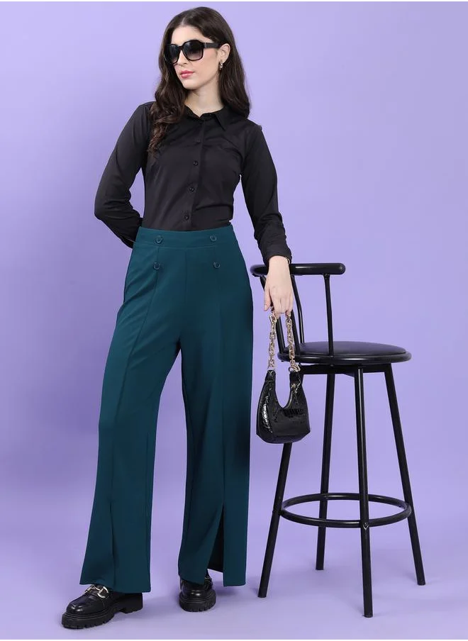 Tokyo Talkies High Rise Button Detail Pintuck Slit Hem Trousers