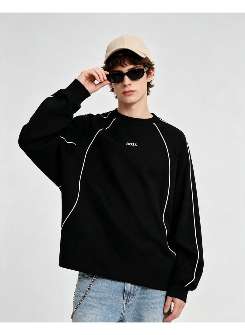 BOSS Men Raglan Long Sleeve Sweatshirt Contrast Line Crew Neck Casual Daily Loose Pullover Black - Image 1
