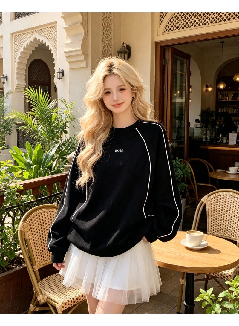 BOSS Men Raglan Long Sleeve Sweatshirt Contrast Line Crew Neck Casual Daily Loose Pullover Black - Image 2