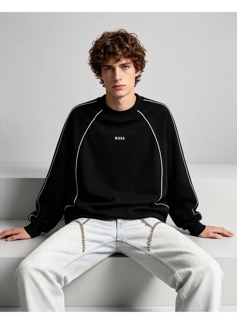 BOSS Men Raglan Long Sleeve Sweatshirt Contrast Line Crew Neck Casual Daily Loose Pullover Black - Image 4