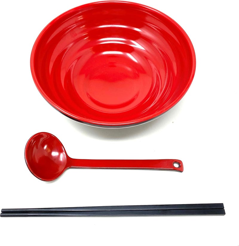 TJ Global 48 Ounce Red and Black Large Melamine Japanese Ramen Noodle Soup Bowl Set Hard Plastic Dishware for Udon Soba Pho Asian Noodles  D8 x H4 Comes with chopsticks and spoons 1 Set - Image 2
