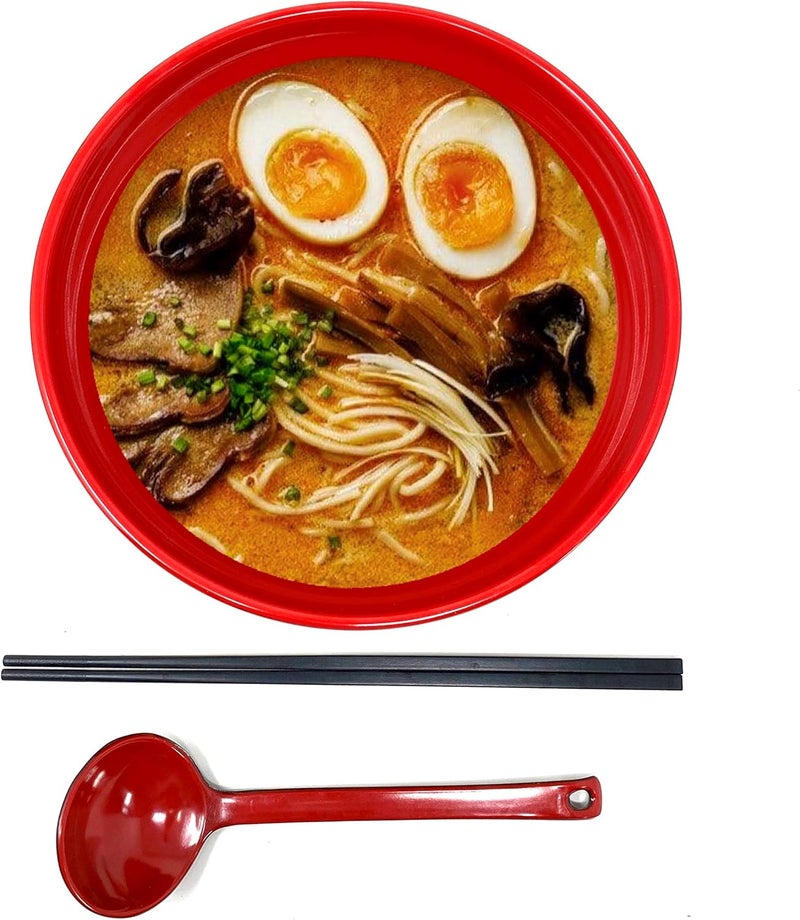 TJ Global 48 Ounce Red and Black Large Melamine Japanese Ramen Noodle Soup Bowl Set Hard Plastic Dishware for Udon Soba Pho Asian Noodles  D8 x H4 Comes with chopsticks and spoons 1 Set - Image 1