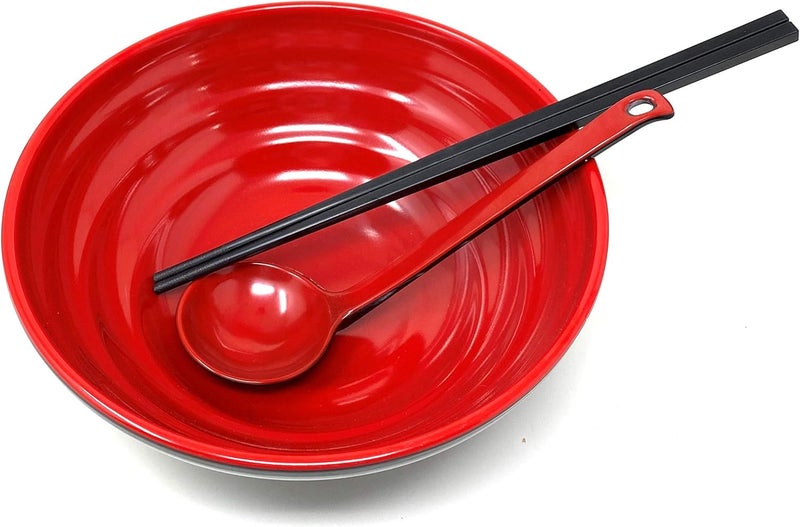 TJ Global 48 Ounce Red and Black Large Melamine Japanese Ramen Noodle Soup Bowl Set Hard Plastic Dishware for Udon Soba Pho Asian Noodles  D8 x H4 Comes with chopsticks and spoons 1 Set - Image 4
