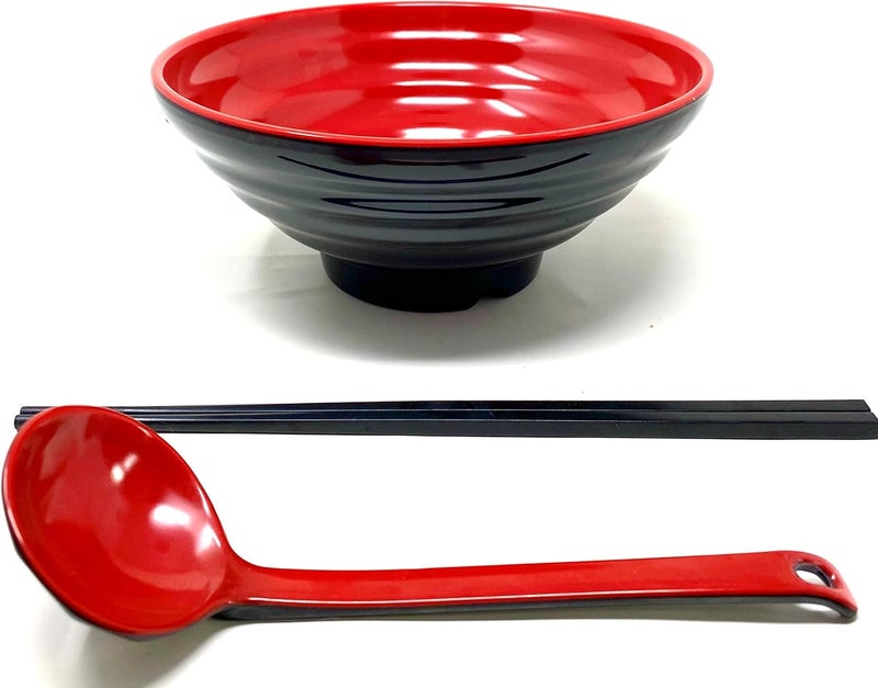 TJ Global 48 Ounce Red and Black Large Melamine Japanese Ramen Noodle Soup Bowl Set Hard Plastic Dishware for Udon Soba Pho Asian Noodles  D8 x H4 Comes with chopsticks and spoons 1 Set - Image 3