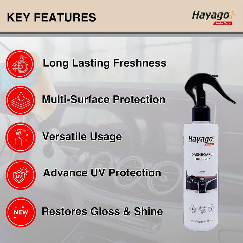 Hayago ملمع لوحة القيادة (250 مل) | حماية من الأشعة فوق البنفسجية وتعزيز اللمعان | استعادة البلاستيك والجلد والفينيل والمطاط. حماية كاملة من الأشعة فوق البنفسجية والتشقق والبهتان في داخل السيارة. - Image 5