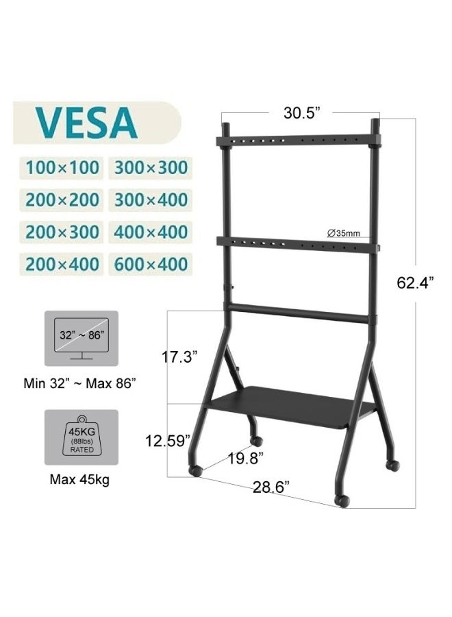 BEETEC Mobile TV Stand for 32–86 Inch Screens, Height Adjustable Rolling TV Cart with Lockable Wheels, VESA 600x400mm, Max Load 45 kg, Cable Management, Sliding Pivot, Shelf Load 10kg , Black | TF-RG9B - Image 2