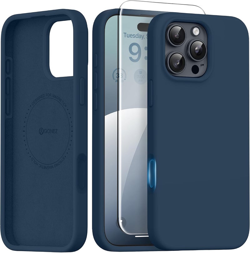 GONEZ Magnetic for iPhone 16 Pro Case, Compatible with MagSafe, [Screen Protector + Camera Lens Protector], Silicone Shockproof Anti-Scratch Protective Phone Case 6.3 inch, Dark Blue - Image 1