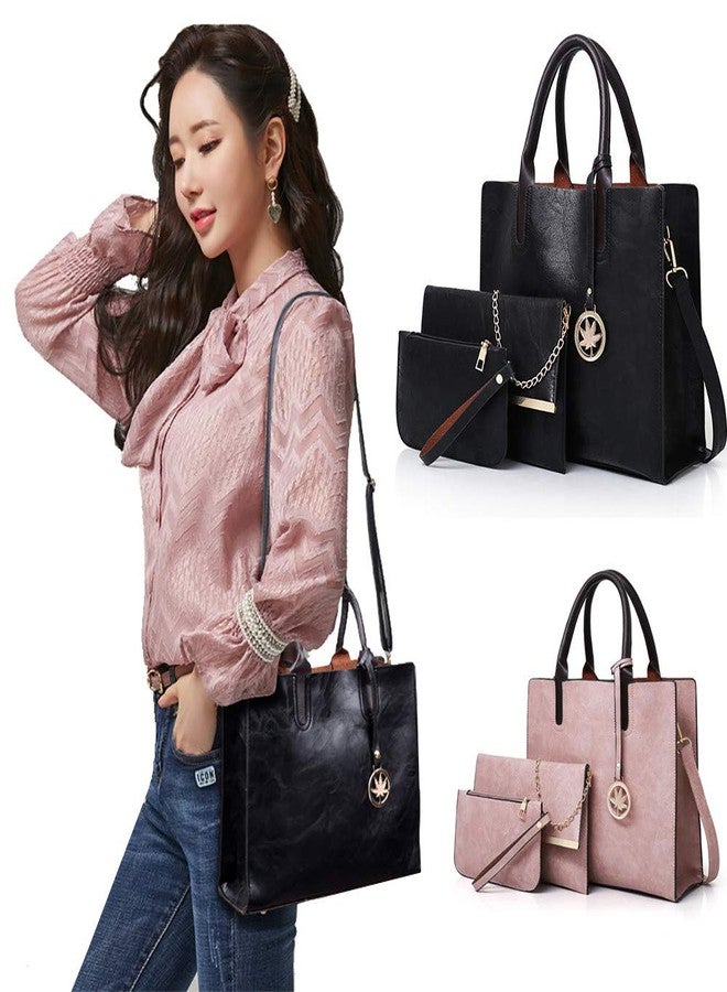 AlwaySky Women Handbags Sets 3 Pcs Large Capacity Handbag Chain Shoulder Bag Clutch Wrist Purse, Black - Image 3