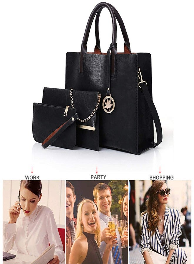 AlwaySky Women Handbags Sets 3 Pcs Large Capacity Handbag Chain Shoulder Bag Clutch Wrist Purse, Black - Image 4