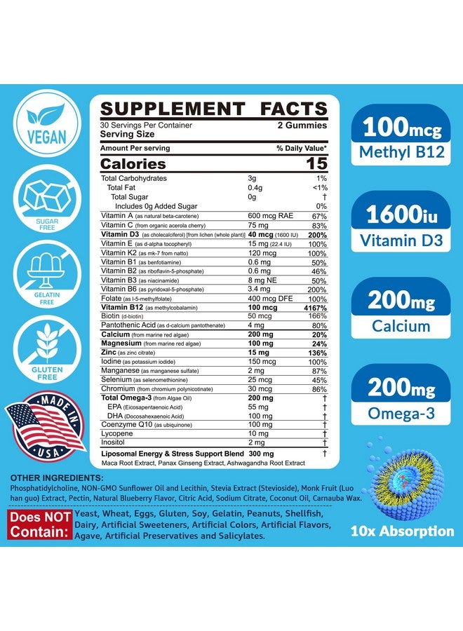 EnvyCure Methylated Multivitamin for Men Gummies, Vegan Omega 3, CoQ10, Zinc, Vitamin A C D3 K2 E B Complex, Calcium, Magnesium, Lycopene - Liposomal Vitamins - Energy, Immune, Bone, Brain, Sugar Free, 120 Cts - Image 2