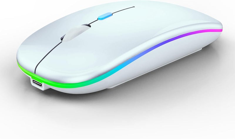 فأرة لاسلكية بلوتوث WREANU قابلة لإعادة الشحن لأجهزة الكمبيوتر المحمولة مع أضواء LED هادئة ونحيفة (BT5.2 ومستقبل USB محمول 2.4G) فأرة كمبيوتر ثنائية الوضع لأجهزة الكمبيوتر المحمولة / iPad / Tablet / Apple / Computer / Mac (أبيض) - Image 1