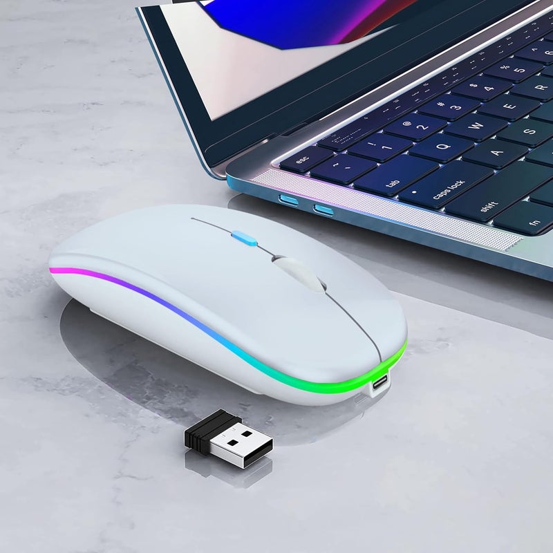 فأرة لاسلكية بلوتوث WREANU قابلة لإعادة الشحن لأجهزة الكمبيوتر المحمولة مع أضواء LED هادئة ونحيفة (BT5.2 ومستقبل USB محمول 2.4G) فأرة كمبيوتر ثنائية الوضع لأجهزة الكمبيوتر المحمولة / iPad / Tablet / Apple / Computer / Mac (أبيض) - Image 3