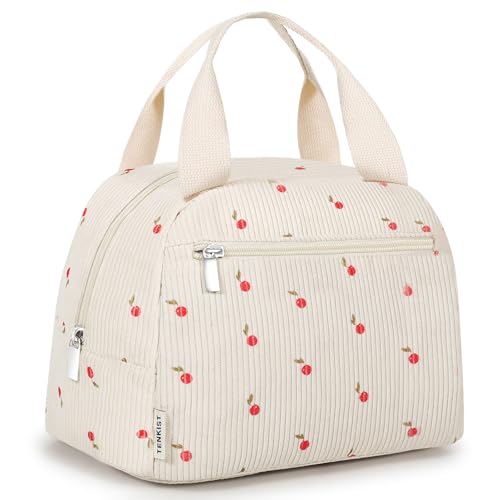 TENKIST Cute Lunch Box Tote Bag Corduroy Insulated Cooler Bags for Women Lightweight Reusable Portable Soft Lunch Pail Kit for Kids Teen Girl Adults Work School Picnic Travel Cherry 12L - Image 1