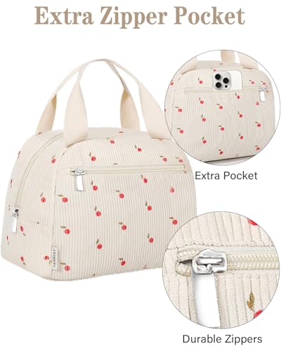 TENKIST Cute Lunch Box Tote Bag Corduroy Insulated Cooler Bags for Women Lightweight Reusable Portable Soft Lunch Pail Kit for Kids Teen Girl Adults Work School Picnic Travel Cherry 12L - Image 3