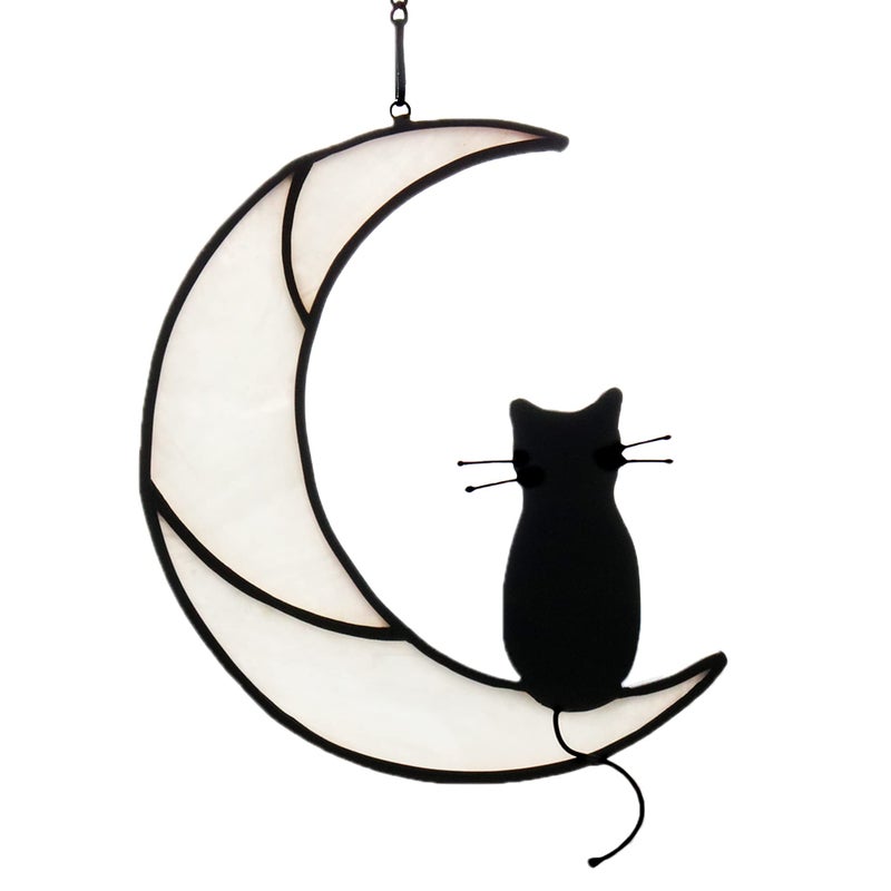 HAOSUM Black Cat On White Moon Stained Glass Window Hangings OrnamentCat Memorial Gifts Themed Gifts for Cats Lovers