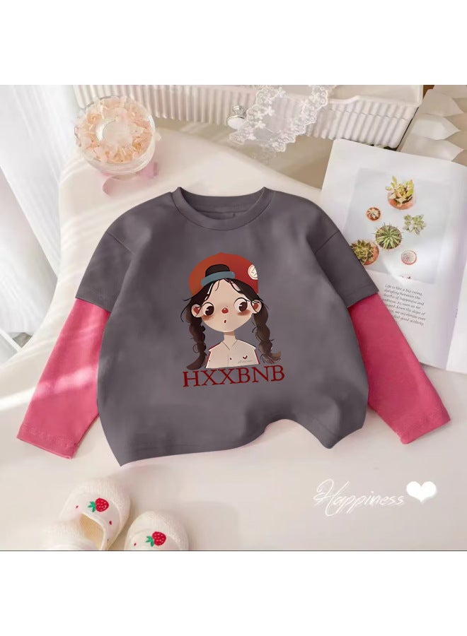 Girls' Long-sleeve T-shirt, Autumn Pure Cotton Round Neck, Faux Two-piece Cartoon Stylish Little Girl Base Shirt, Children's Trendy Top