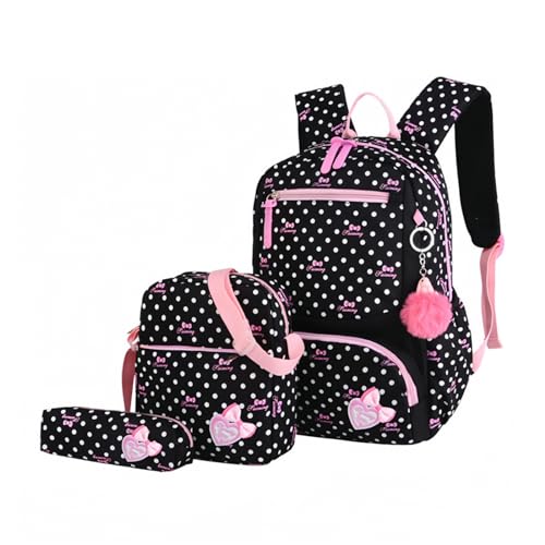 Armbq 3Pcs Girls Backpack Set Bowknot Prints Kids School Backpack Girls 3 in 1 Bookbag Elementary Daypack Travel BagBlack - Image 1