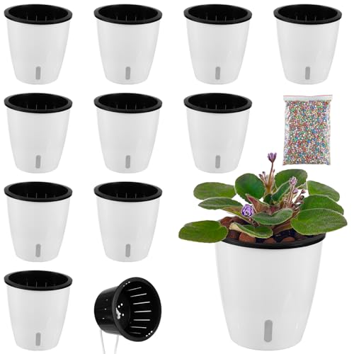 Planterhoma 5 Inch Self Watering Pots for Indoor Plants, 10 Packs African Violet Pots with Indicator, Black Wick Pot with Drainage Holes, Self Watering Planters for Orchid, Devil's Ivy, White - Image 1