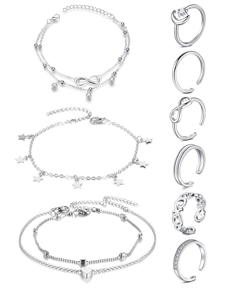 JFORYOU Anklets and Toe Ring Set for Women Silver Chain Layered Anklets Toe Rings Ankle Bracelets Open Adjustable Toe Rings Beach Foot Jewelry - Image 1