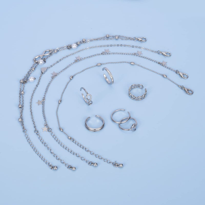 JFORYOU Anklets and Toe Ring Set for Women Silver Chain Layered Anklets Toe Rings Ankle Bracelets Open Adjustable Toe Rings Beach Foot Jewelry - Image 4
