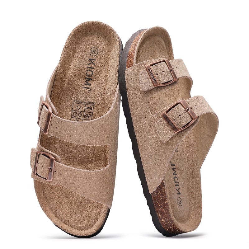 KIDMI Unisex Genuine Suede Summer Sandals Arch Support Cork Footbed Slide Sandals with Double Adjustable Buckle for Women Men, Apricot 39 - Image 1