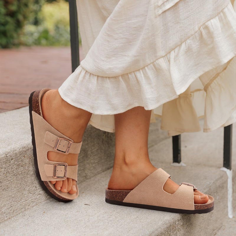 KIDMI Unisex Genuine Suede Summer Sandals Arch Support Cork Footbed Slide Sandals with Double Adjustable Buckle for Women Men, Apricot 39 - Image 2
