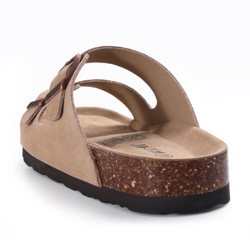 KIDMI Unisex Genuine Suede Summer Sandals Arch Support Cork Footbed Slide Sandals with Double Adjustable Buckle for Women Men, Apricot 39 - Image 3