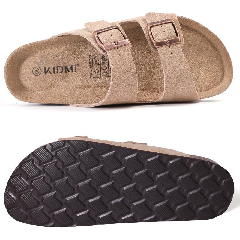 KIDMI Unisex Genuine Suede Summer Sandals Arch Support Cork Footbed Slide Sandals with Double Adjustable Buckle for Women Men, Apricot 39 - Image 5