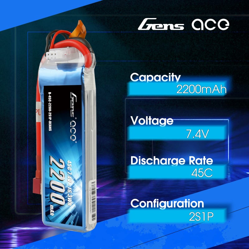 Gens ace Gens ace 7.4V 2200mAh 2S 45C LiPo Battery Pack Deans Plug for 70MM EDF Rc Plane 450 Helicopter Rc Boat  - Image 3
