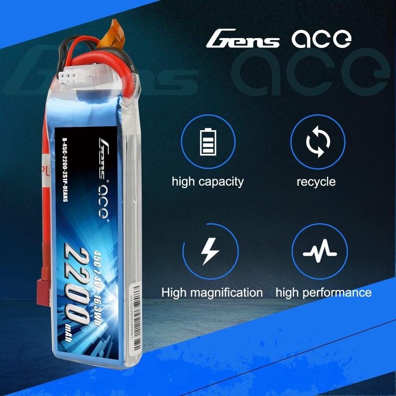 Gens ace Gens ace 7.4V 2200mAh 2S 45C LiPo Battery Pack Deans Plug for 70MM EDF Rc Plane 450 Helicopter Rc Boat  - Image 4