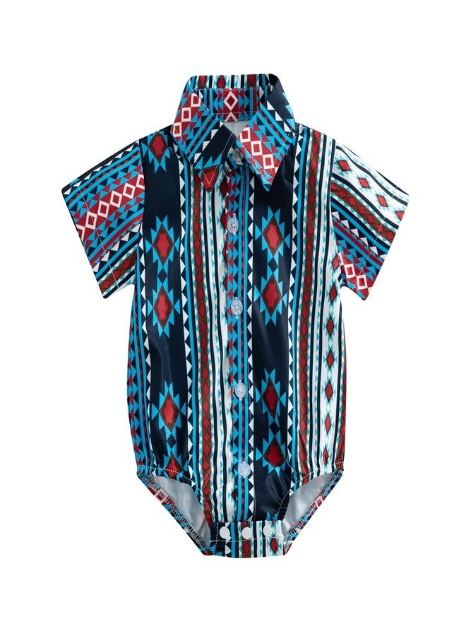 BULINGNA Infant Baby Boy Cowboy Shirt Romper Short Sleeve Button Down One-Piece Jumpsuit Gentleman Western Clothes (Dark Blue, 0-6 Months) - Image 1