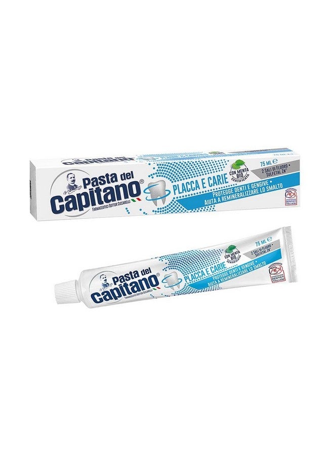 Pasta del Capitano : "Plaque and Caries" with Organic Mint Toothpaste 75ml * 2.5 fl.oz Tube, pack of 3