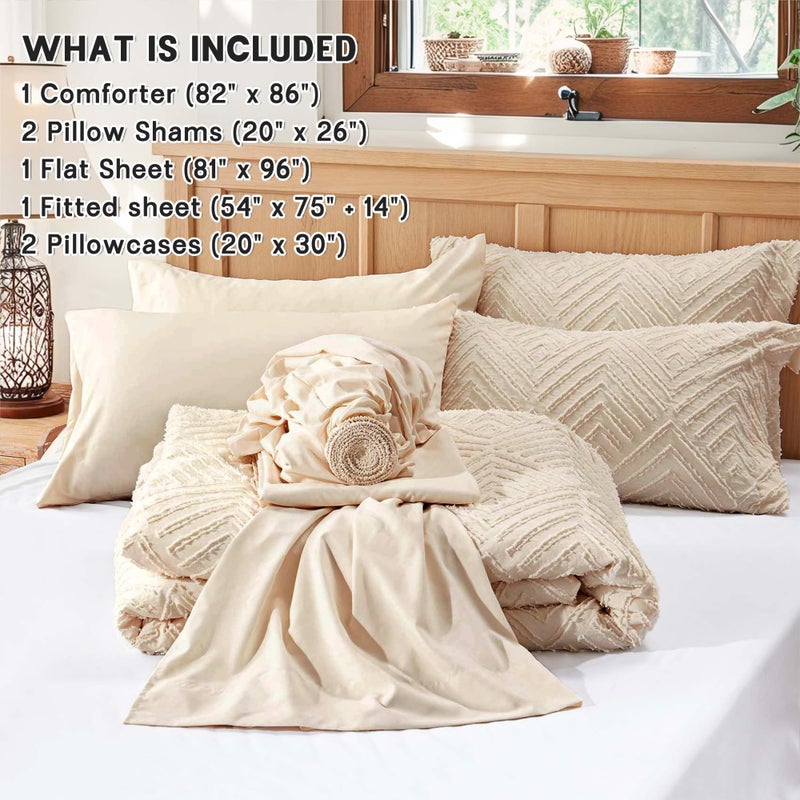Zzlpp Full Comforter Set 7 Pieces, Beige Tufted Bed in a Bag with Comforter and Sheets, All Season Boho Bedding Sets with 1 Comforter, 2 Pillow Shams, 2 Pillowcases, 1 Flat Sheet, 1 Fitted Sheet - Image 5